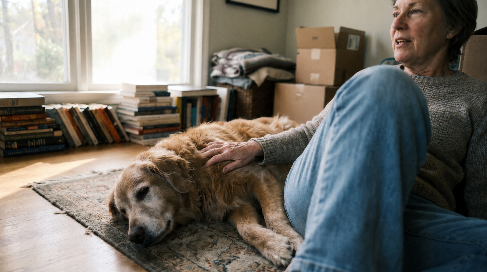 A senior owner at home with their senior dog
