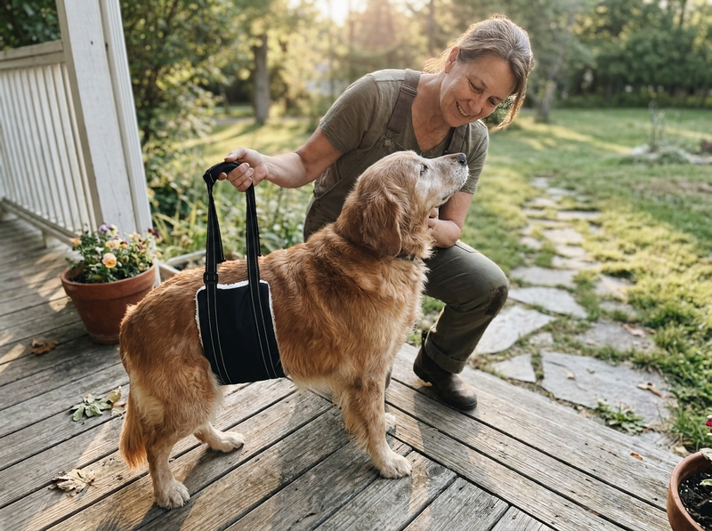 Dog receiving rear-leg mobility support from a caring owner